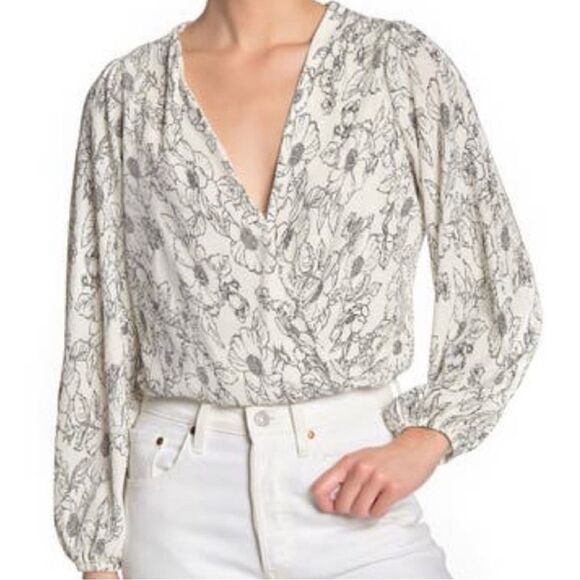 Astr Tops - ✨ ASTR The Label Pleated Floral Faux Wrap Blouse White Black Medium